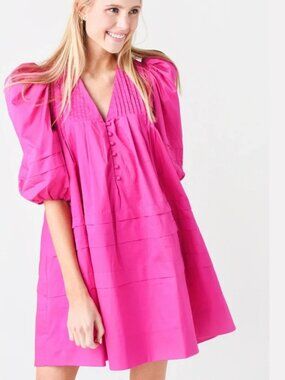 HUNTER BELL Jenkins Dress Hot Pink SZ S Puff Sleeve Feminine